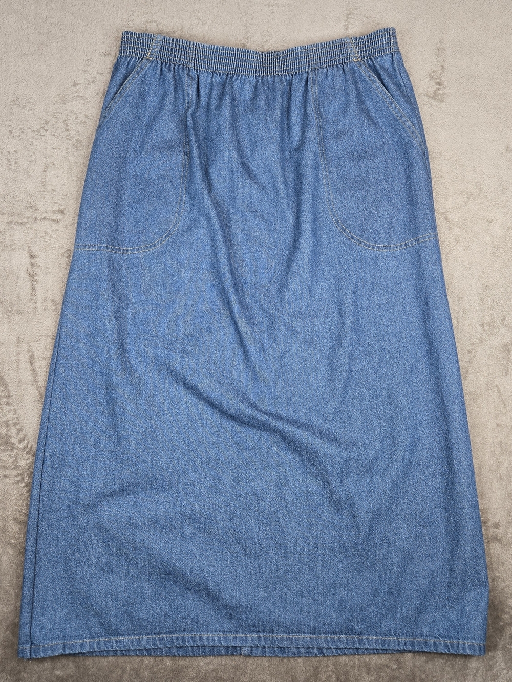 Vintage 80s or 90s Sport Timer Blue Denim Maxi Skirt with Elastic Waistband